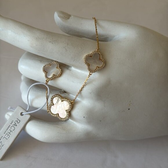 Rachel Zoe Gold Plated 925 Ster Silver Revers Bracelet Pave 3 Clover Moth OPearl - Picture 1 of 10
